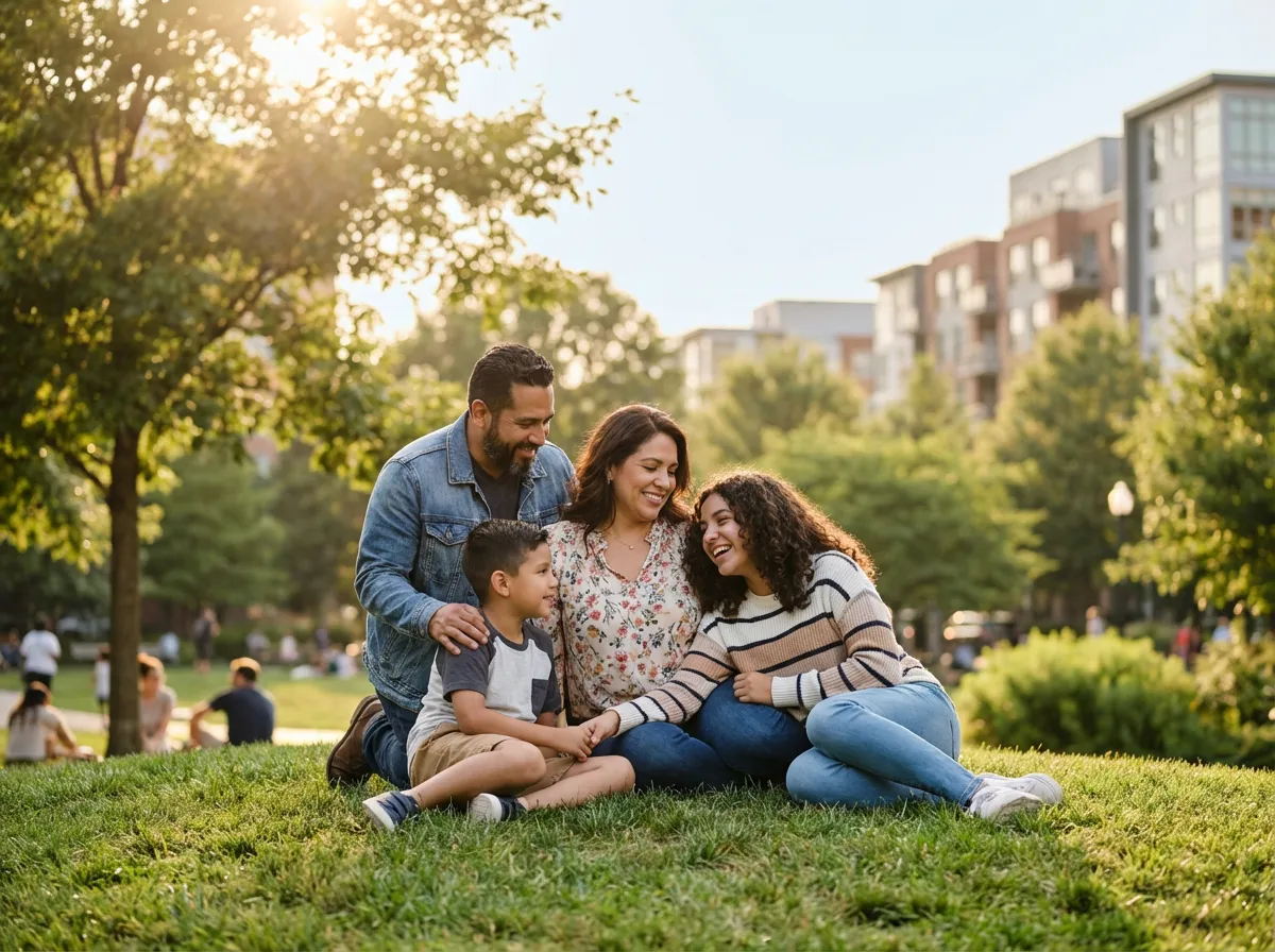 Familia latina compartiendo un momento de conexión en un parque